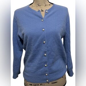 MODA International 100%Cashmere blue cardigan sweater pearl front button sz L